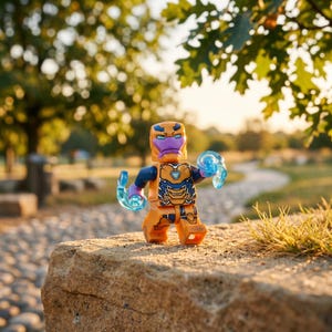 Könnte beinhalten: Eine Kunststoff-Spielfigur mit einer gelb-orangen Rüstung, einer violetten Gesichtsmaske und blauen, durchscheinenden Energieeffekten an den Händen. Die Figur verfügt über ein detailliertes Brustpanzer-Design und steht auf einem Stein.