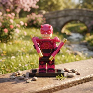 Puede incluir: Una minifigura de plástico de un personaje con máscara roja de cuernos y armadura roja con un logotipo DD negro en el pecho. La figura sostiene dos bastones rojos con puntas doradas en las manos y se apoya sobre una base rectangular negra.