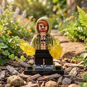 Puede incluir: Una minifigura de Lego con cabello y barba de color marrón rojizo, que viste una chaqueta beige con capucha sobre el pecho desnudo con un tatuaje de dragón negro. La figura tiene pantalones negros, zapatos blancos y llamas amarillas.