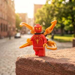 Könnte beinhalten: Eine rote Kunststoff-Minifigur mit einem gelben Spinnenemblem auf der Brust und gelben Augen. Die Figur hat vier orangefarbene mechanische Arme, die vom Rücken abstehen und jeweils ein gebogenes Ende haben, auf einer steinernen Oberfläche.