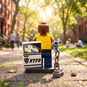Puede incluir: Una minifigura de piel morena con una camiseta amarilla sin mangas y pantalones azules. La figura sostiene una pieza rectangular blanca que representa una puerta de coche de policía dañada con el texto NYPD y un escudo, y una cadena de plástico gris.