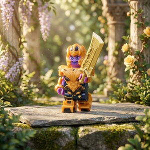 Könnte beinhalten: Eine Kunststoff-Minifigur mit violettem Gesicht sowie goldenem Helm, Rüstung und Stiefeln. Die Figur trägt eine dunkelblaue Hose und hält ein großes, goldenes Schwert in der linken Hand. Das Design weist detaillierte, geformte Strukturen auf.
