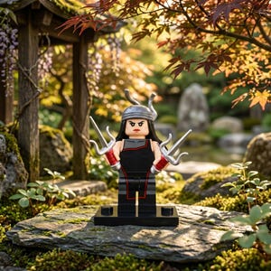 Könnte beinhalten: Eine Kunststoff-Minifigur mit langem schwarzem Haar, einem silbernen Helm mit zwei geschwungenen Hörnern und einem schwarzen ärmellosen Outfit mit roten Akzenten. Die Figur hält zwei silberne Sai-Waffen mit roten Griffen auf einem schwarzen Sockel.