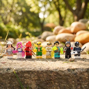 Könnte beinhalten: Eine Sammlung von acht verschiedenen Kunststoff-Minifiguren, die in einer Reihe stehen. Die Figuren tragen unterschiedliche Kostüme in Rot, Grün, Weiß und Schwarz und sind mit Zubehör wie Schwertern, durchscheinenden Energieeffekten und einer Spielkarte ausgestattet.