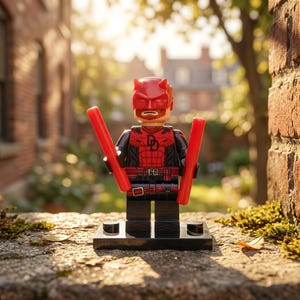 Puede incluir: Una minifigura de plástico roja y negra con una máscara con cuernos, un emblema en el pecho con dos letras D y un cinturón. La figura sostiene dos bastones rojos brillantes en sus manos y se apoya sobre una base rectangular negra.