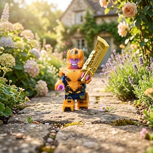 Könnte beinhalten: Eine violetthäutige Minifigur mit goldenem Helm und goldener Rüstung mit dunkelblauen Akzenten, die ein großes goldenes Schwert hält. Die Figur hat einen strengen Gesichtsausdruck und steht auf einem Steinweg, umgeben von bunten Gartenblumen.