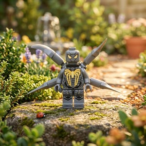 Könnte beinhalten: Eine graue Kunststoff-Minifigur mit einem gelben Spinnenemblem auf der Brust, einem detaillierten schwarzen Netzmuster auf Torso und Beinen sowie vier mechanischen Armen am Rücken. Die Figur trägt eine Maske mit gelben Augenlinsen.
