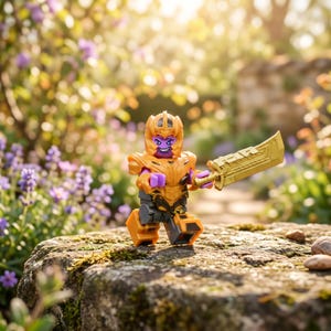 Könnte beinhalten: Eine Kunststoff-Spielfigur mit violettem Gesicht sowie goldenem Helm, Brustpanzer und Schulterklappen. Die Figur hat violette Arme und Hände, dunkelgraue Beine und hält ein großes goldenes Schwert in der linken Hand. Das Gesicht zeigt ein breites Grinsen.