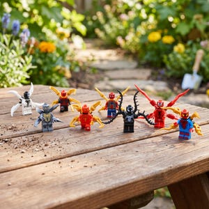 Op de afbeelding: Een verzameling van zeven plastic superhelden-minifiguren met beweegbare ledematen, vleugels en mechanische aanhangsels. De figuren zijn gekleurd in rood, blauw, zwart, wit en grijs en staan op een houten ondergrond.