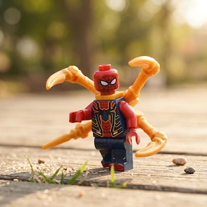 Puede incluir: Una minifigura LEGO de Spider-Man con un traje rojo y azul con detalles de telaraña dorados. La figura incluye cuatro brazos mecánicos dorados articulados en la espalda, una máscara roja con ojos blancos y piernas azul oscuro con detalles rojos.