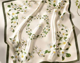 Floral Silk Square Scarf 53x53cm, 100% Mulberry Silk Neck Scarf, Beige Flower Hair Scarf, Bag Accessory, Elegant Gift For Her