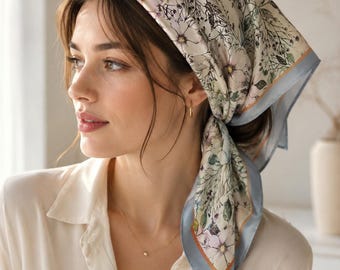 Vintage Floral Silk Hair Scarf, 100% Mulberry Silk Square Scarf, Botanical Neck Scarf, Cottagecore Head Wrap, Bag Charm Accessory, Gift