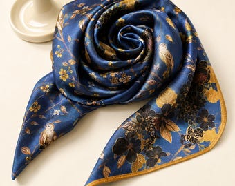 Mulberry Silk Square Scarf 25.5 Inch, Navy Floral Neck Scarf for Women, Silk Hair Scarf, Bag Charm, Gift Boxed