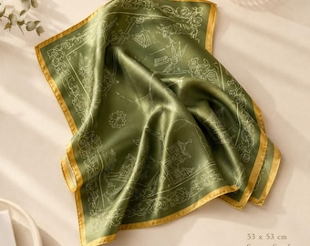 Green Mulberry Silk Square Scarf 53x53cm, Small Neck Hair Bag Scarf, Olive Bandana Belt, Gift for Her