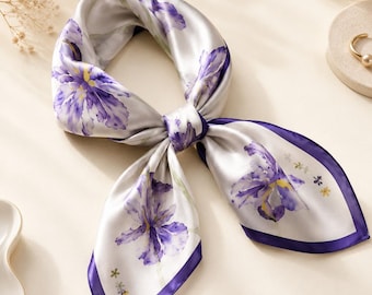 Purple Iris Silk Scarf 100% Mulberry Silk Square Scarf 53x53cm 65x65cm Floral Neck Scarf Hair Accessory Gift for Women Botanical Scarf
