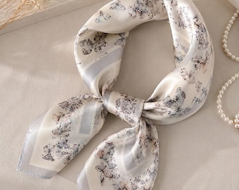Ivory Butterfly 100% Mulberry Silk Square Scarf, 21-Inch Neckerchief