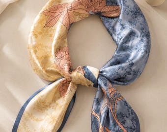 Blue Floral Mulberry Silk Square Scarf, 21 Inch Printed Neckerchief