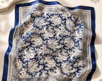 100% Mulberry Silk Square Scarf 20.9x20.9 Inch Navy Blue Paisley Scarf Vintage Neck Hair Wrap Bag Accessory Gift For Women