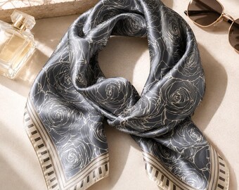 100% Mulberry Silk Scarf, Vintage-Inspired Rose Print, Charcoal and Ivory 21-Inch Square Bandana