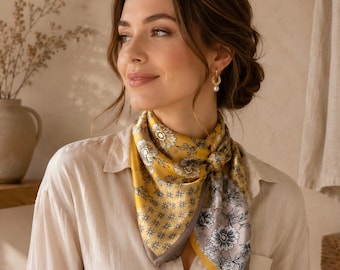 Daisy Mulberry Silk Scarf 21 Inch Square, Floral Hair Neck Scarf, Bag Charm, Lightweight Gift for Her