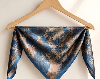 Small Silk Square Scarf 21x21, Blue Brown Mulberry Silk Bandana, Hair Neck Bag Scarf, Gift for Her