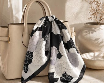 Black White Silk Square Scarf 53x53cm, 100% Mulberry Silk Floral Hair Scarf, Minimalist Botanical Neck Wrap, Vintage Bandana Gift for Women