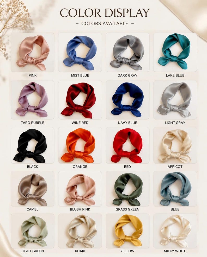 May include: A color display chart featuring twenty square silk scarves tied in knots, labeled with colors including pink, mist blue, dark gray, lake blue, taro purple, wine red, navy blue, light gray, black, orange, red, apricot, camel, blush pink, grass green, blue, light green, khaki, yellow, and milky white.