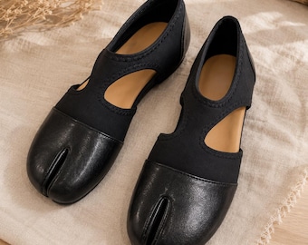 Płaskie buty typu Mary Jane z rozcięciem na palcach, czarne buty typu tabi w stylu vintage dla kobiet, minimalistyczne płaskie buty z wycięciem, wygodna wkładka lateksowa, obuwie codzienne do pracy i podróży