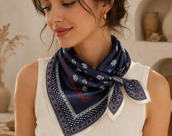 Vintage Silk Square Scarf, Navy Paisley Silk Scarf 53x53cm, Retro Hair Scarf, Elegant Neck Wrap, Bag Accessory, Gift For Her