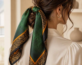 Vintage Silk Neckerchief 65x65cm, Leopard Print Square Silk Scarf, Green Floral Hair Scarf, Luxury Neck Wrap, Gift For Her