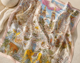 100% Pure mulberry silk scarf, Colorful animal scarf silk satin print, 68x68 floral luxury silk bandana for women
