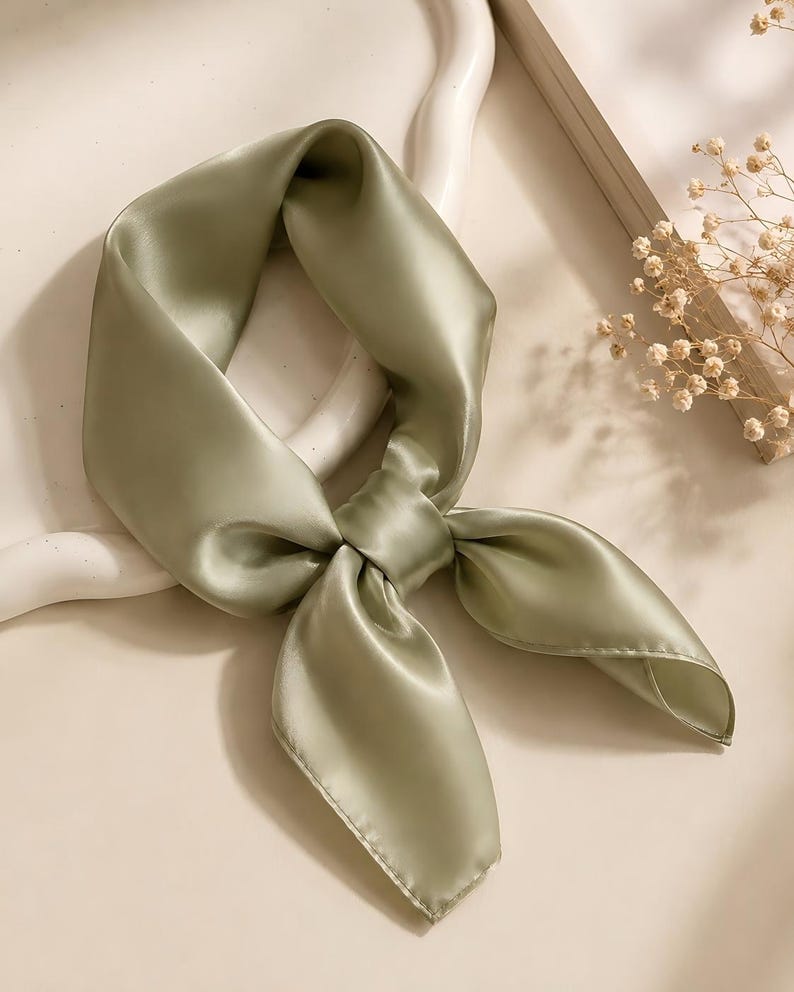 May include: A sage green square scarf with a smooth, lustrous finish, tied in a simple knot. The fabric has a soft sheen and a fluid drape, creating gentle folds and shadows throughout the material, showcasing a solid, muted green color.