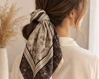 Vintage Shell Print Mulberry Silk Square Scarf 53cm Coastal Neck Scarf Gift for Her Hair Wrap Headband Bag Accessory 100% Silk