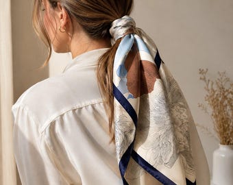 Floral Silk Square Scarf 65x65cm, 100% Mulberry Silk Neck Scarf, Elegant Hair Scarf, Women Gift, Luxury Bag Accessory, Handmade Style