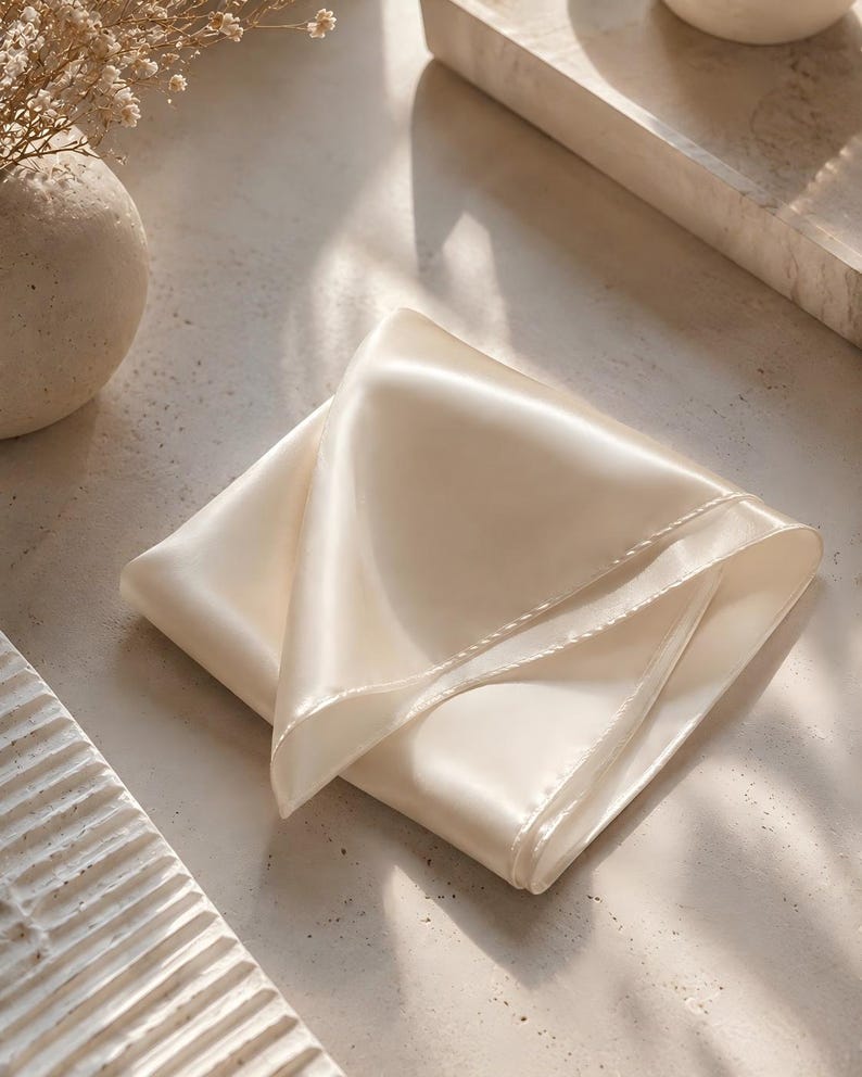 May include: A square, off-white satin pocket square or scarf with a smooth, reflective surface and finished stitched edges. The fabric is folded into a triangular shape, showcasing its soft sheen and light-catching texture in a neutral tone.