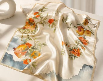 Pomegranate Floral Mulberry Silk Scarf 53cm Square, Vintage Botanical Hair Scarf, Neck Wrap, Bag Accessory, Elegant Gift for Her