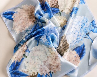 Blue Floral Silk Scarf 53x53cm 20.9x20.9in, 100% Mulberry Silk Square Scarf, Hair Wrap Neck Accessory, Gift for Her, Bag Decor