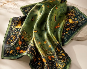 100% Mulberry Silk Scarf Women Green Floral Bird Print 53x53cm Square Bandana Head Hair Wrap Luxury Silk Neck Scarf Gift for Her