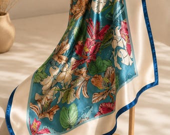 Peacock Blue Floral Mulberry Silk Neck Scarf, 100% Silk Square Scarf 53x53cm, Small Hair Scarf, Elegant Gift for Women, Bag Accessory