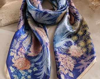 100% Mulberry Silk Square Scarf 68x68cm, Botanical Floral Print Neck Scarf, Luxury Silk Hair Scarf, Elegant Women Gift, Bag Accessory
