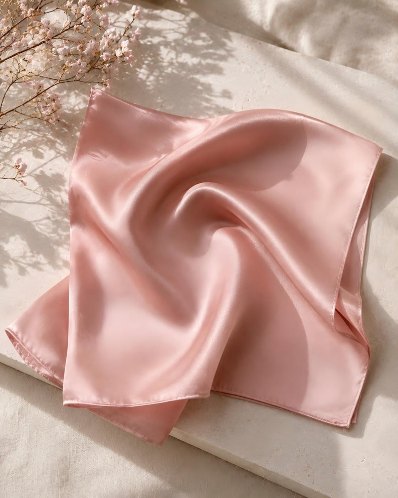 May include: A square-shaped scarf in a solid light pink color with a smooth, lustrous finish. The fabric is folded and draped to create soft, flowing curves and shadows across its surface, highlighting the reflective quality of the material.