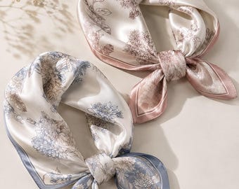 100% Silk Square Scarf 20.9x20.9 Inch Floral Chrysanthemum Neck Scarf Women Small Silk Hair Scarf Bag Accessory Gift for Her