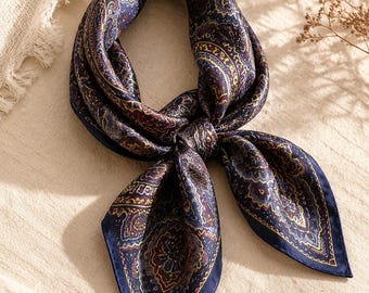 Paisley Silk Scarf 65x65cm, Luxury Square Silk Bandana, Vintage Neck Scarf, Hair Accessory, Bag Charm, Elegant Women Gift