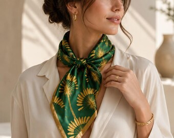 Emerald Green 100% Mulberry Silk Scarf: Gold Botanical Print, 65 cm Square (25.6 in)