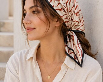 Red Abstract Silk Scarf 53cm, 100% Mulberry Silk Square Scarf, Vintage Head Scarf, Hair Wrap, Bag Accessory, Gift for Her