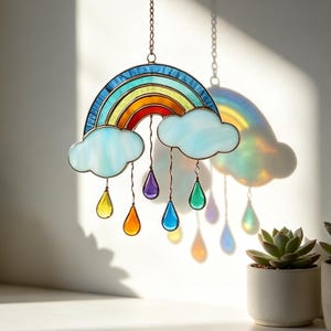 Whimsical Weather Glass Art Ornament, Rainbow Cloud Stained Glass Suncatcher Handmade Raindrop Window Hanging Decor Baby Shower Nursery Gift