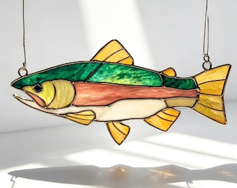 Stained Glass Rainbow Trout Fish Suncatcher, Rustic Cabin Decor Handmade Fishing Art, Father’s Birthday Gift River Fish Glass Window Hanging