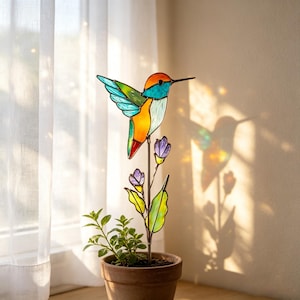 Suporte de Planta Beija Flor Multicor em Vidro Colorido Apanha Sol Presente de Aniversário Arte em Vidro para Vaso Decoração Artesanal para