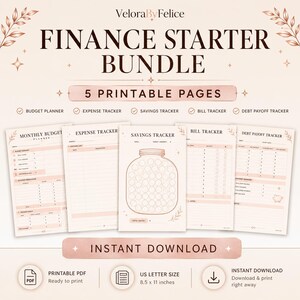 Op de afbeelding: Een financieel startpakket met 5 printbare pagina's. Bevat een maandelijkse budgetplanner, onkosten-tracker, spaar-tracker met een pot-afbeelding, factuur-tracker en een schuld-afbetaal-tracker met een spaarvarken-icoon en de tekst Instant Download.