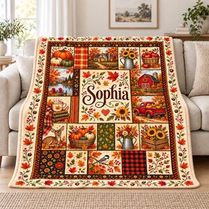 Personalized Harvest Patchwork Print Blanket, Pumpkins Sunflowers and Country Scenes